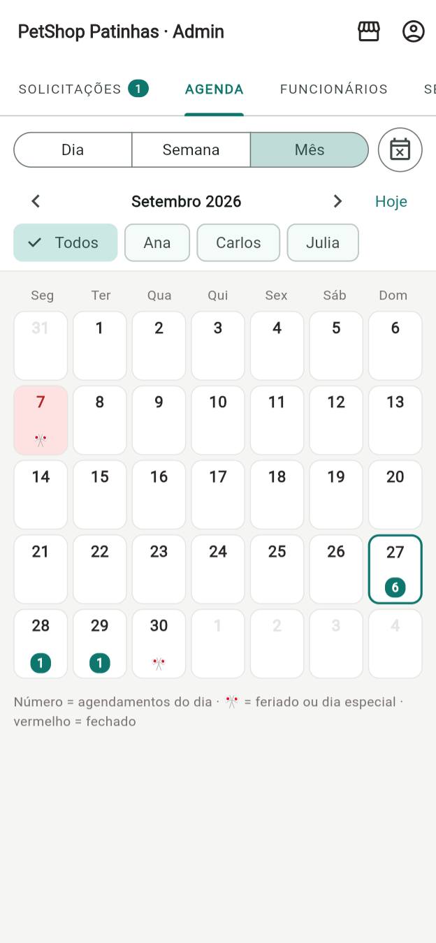 Calendário do mês com a quantidade de agendamentos por dia e os feriados marcados