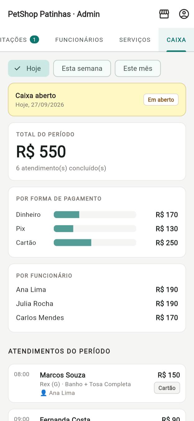 Tela do caixa: total do dia, valores por Pix, cartão e dinheiro e por funcionário