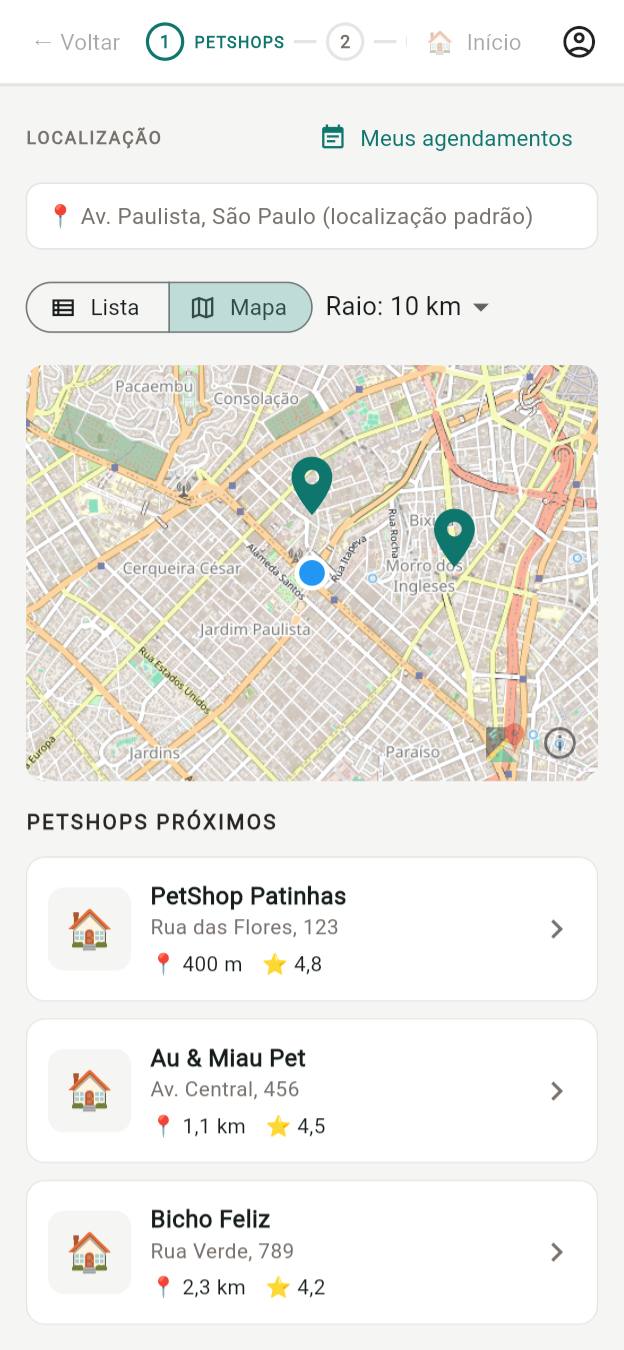 App do cliente: mapa e lista de petshops próximos com distância e nota