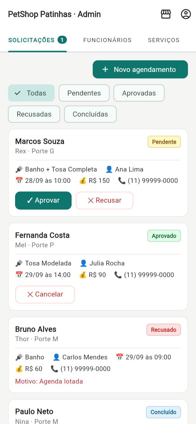 Tela de solicitações: pedidos pendentes e aprovados com serviço, profissional, horário e valor
