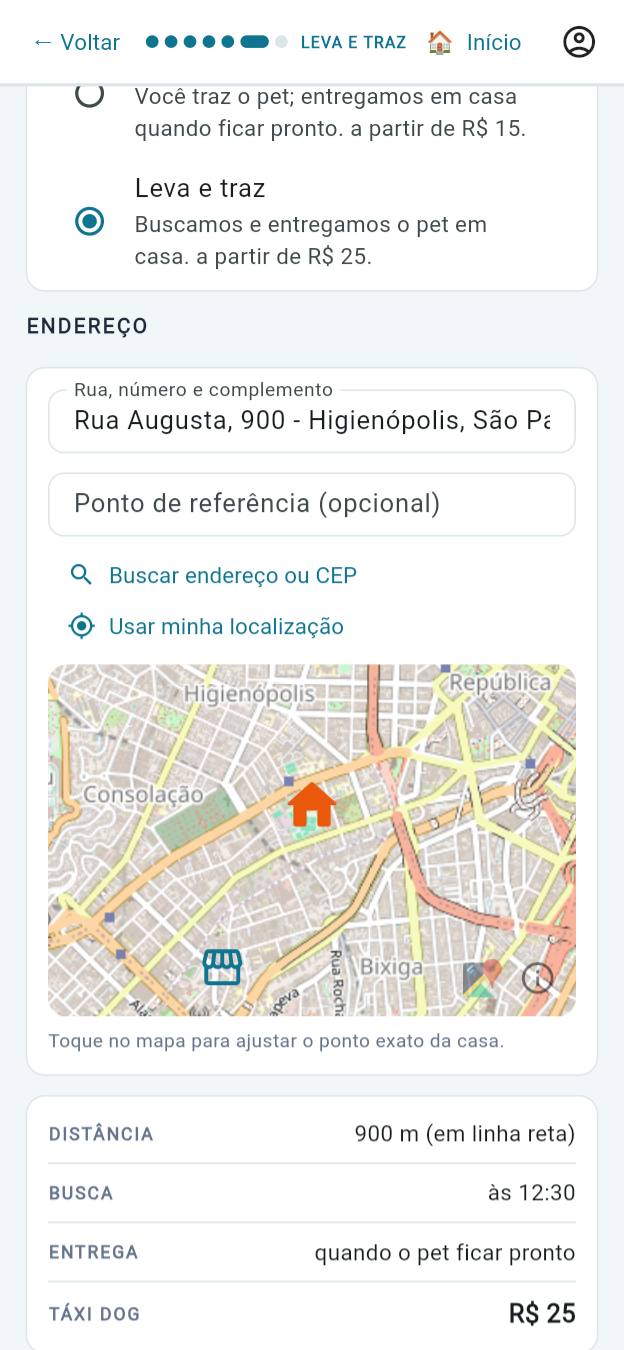 Passo Leva e traz do app do tutor: endereço marcado no mapa, distância, horário da busca e taxa do táxi