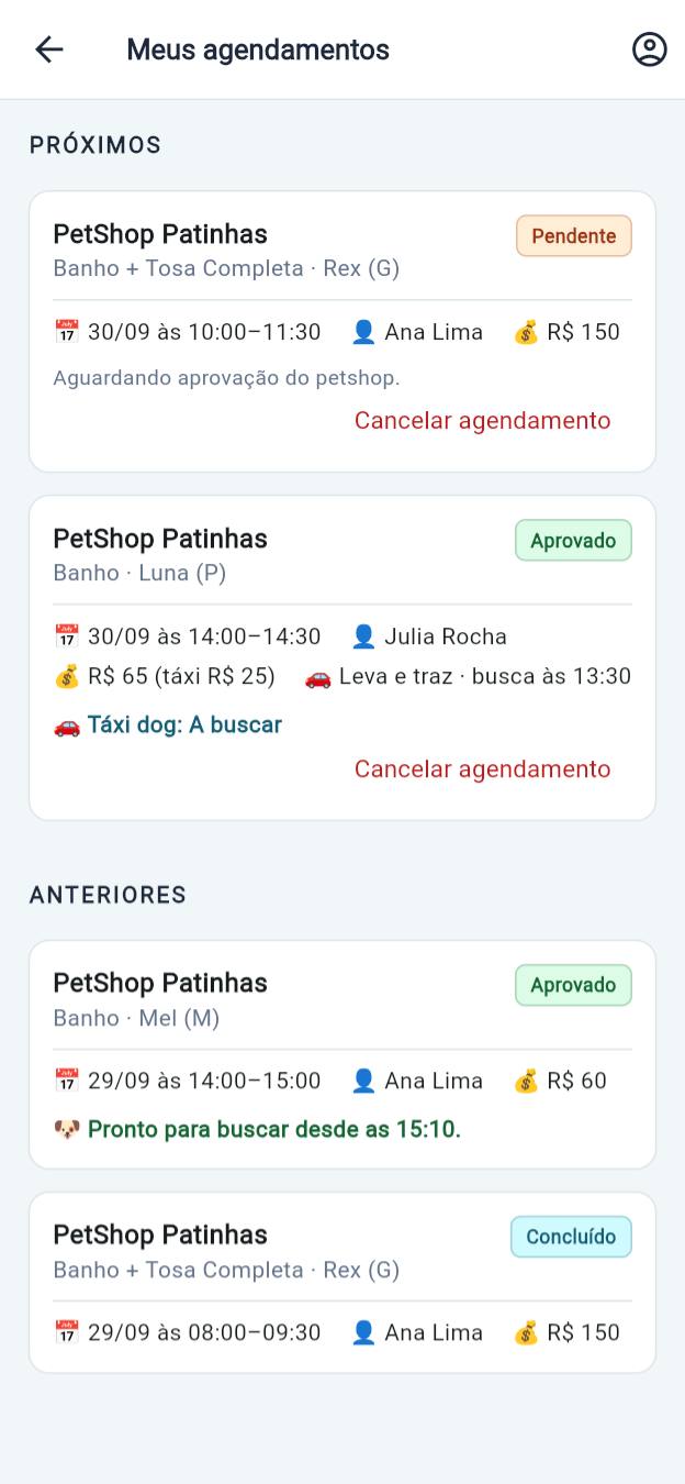 App do tutor: lista dos agendamentos com a situação de cada um