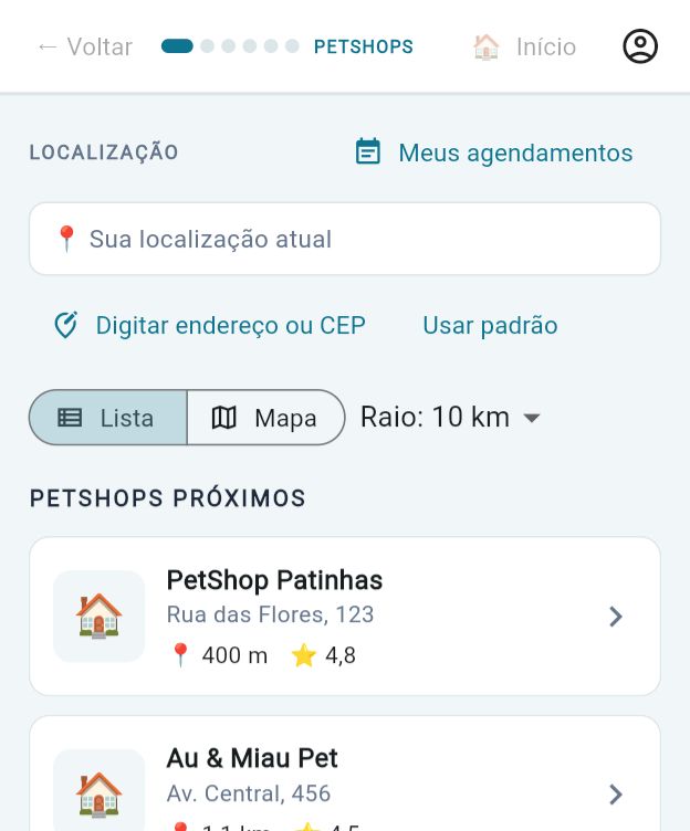 Lista de petshops próximos com a distância e a nota